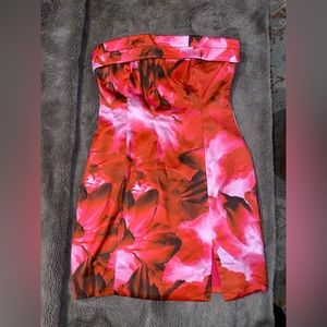 Red/pink floral strapless mini dress